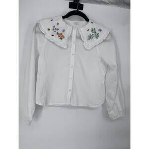 Next Girls Size 11 White Embroidered Ruffle Collar Long Sleeve Blouse Spring